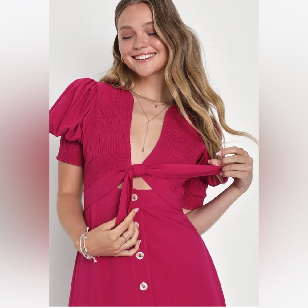 NWT Lulus Cutie Berry Pink Smocked Tie-Front Midi Dress
